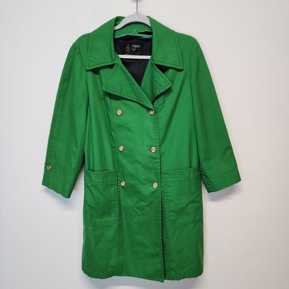 Vintage London Fog Trench Coat Womens 12P Green Caribe Cloth Double Breast 60s